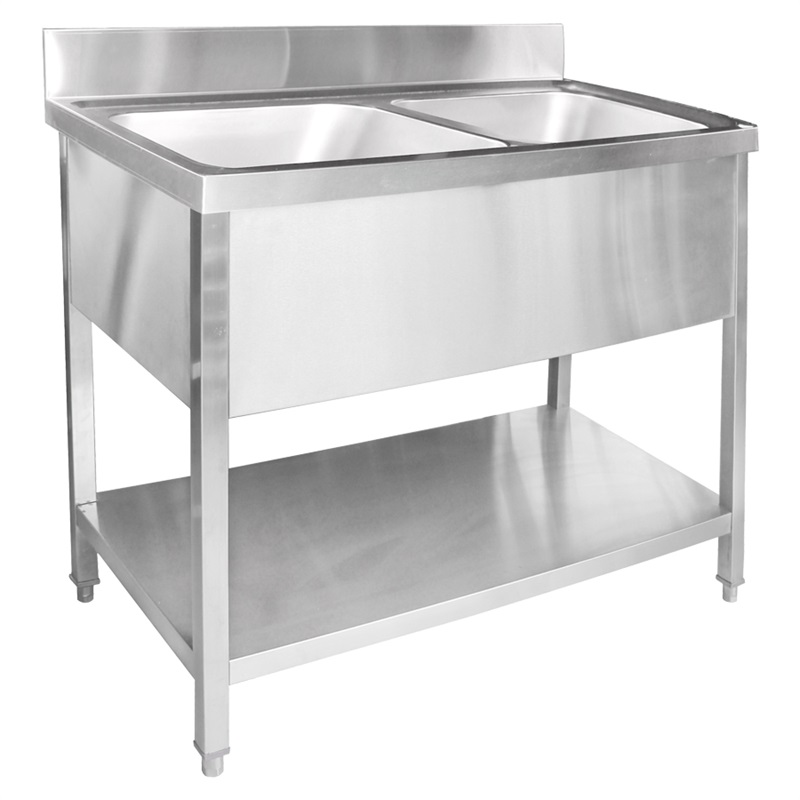 43044 Commercial Kitchen Double Sinks With Bottom Shelf